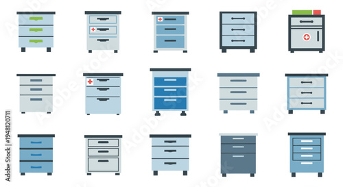 Various medical bedside cabinets with drawers some on wheels flat vector illustration set.