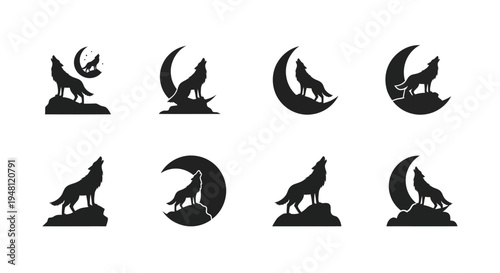 Silhouette Collection of Howling Wolves with Crescent Moons.