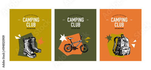 Hand drawn adventure and hiking collage banner set. Outdoor, camping club and tourism design. Vintage sketch vector illustration