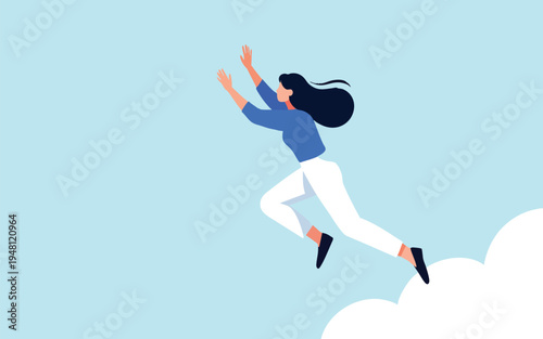 Ambitious Young Woman Jumping High Towards Success in Modern Flat Design Style