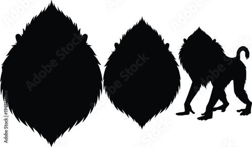 Mandrill head illustration and silhouette. Colorful African primate face mascot with baboon profile. Wildlife monkey vector design set.