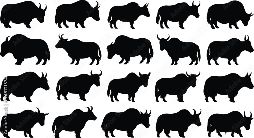 Fototapeta premium Zebu cattle silhouette collection. Humped bull and cow walking and standing poses. Tropical farm livestock animals isolated, zebu bovine vector set.
