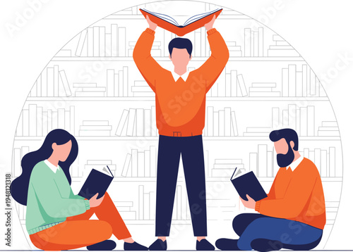 Three people reading books in front of bookshelf library