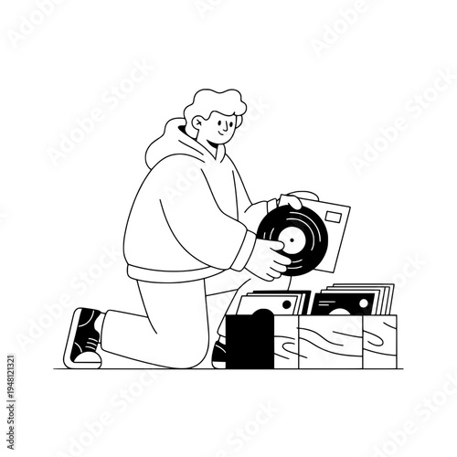analog vinyl record collector illustration featuring crate storage and record handling or line art vinyl record organizer with crates and records for music lovers decor