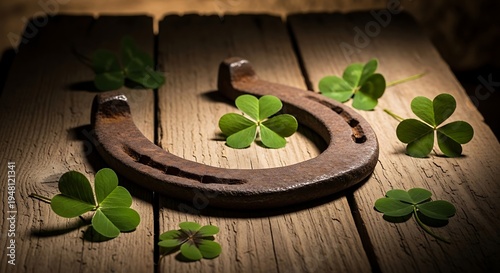 Lucky horseshoe with clover leaves isolated on transparent background