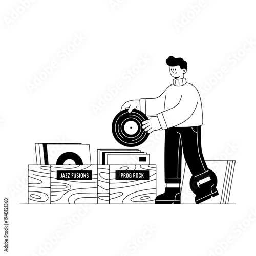 Analog vinyl record curator line art illustration organizing crates of records for decor or Monochrome vinyl collection scene with a curator arranging records for wall art and display