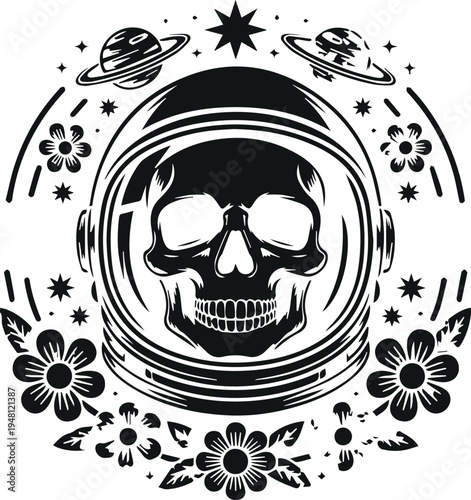 Skull Astronaut Helmet with Planets and Flowers Black and White Vector Graphic