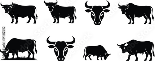 Bull and cow silhouette collection. Horned cattle standing and grazing poses. Farm livestock animals isolated, agriculture cattle vector illustration set.
