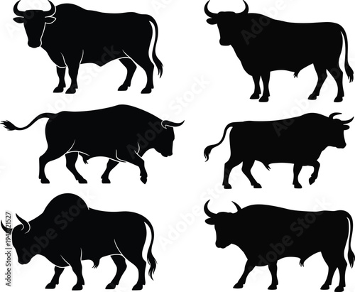 Bull silhouette set. Strong horned cattle poses collection. Black ox and bull livestock silhouettes isolated, farm animal vector illustration pack.