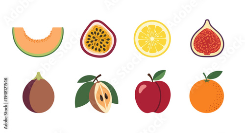 Variety of fresh colorful fruit on white