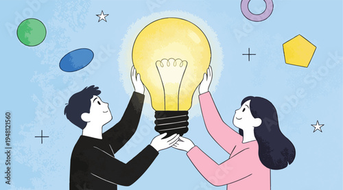 Collaborative Innovation: Man and Woman Holding a Glowing Giant Light Bulb Idea