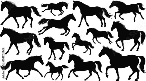 Running horse silhouettes collection. Wild stallion poses and galloping equine animals. Black horse motion set isolated, equestrian vector illustration pack.