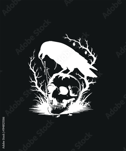 White Silhouette Raven Perched on Skull with Thorns and Grass on Black Background Stock Illustration