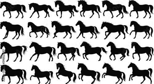 Horse silhouette collection. Running and walking horse poses set. Black stallion motion silhouettes isolated, equestrian animal movement vector pack.