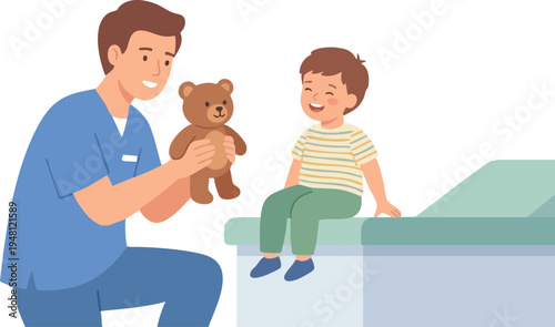 Male Pediatrician Playing with a Young Boy Patient using a Teddy Bear