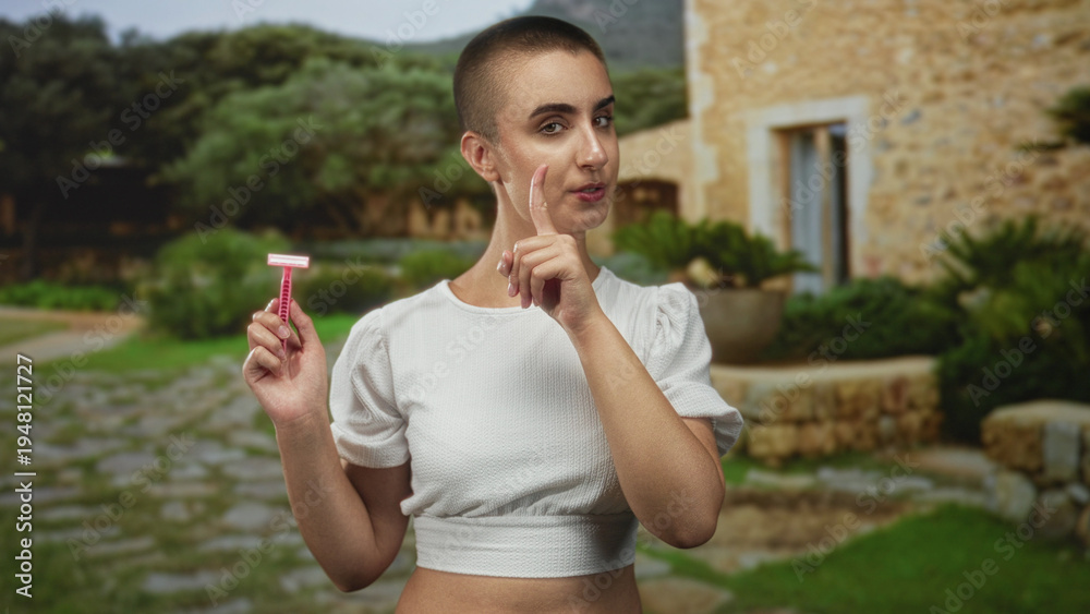 Fototapeta premium Woman with short hair holding pink razor and finger to lips for silence in front of stone building with courtyard path; calm contemplation.