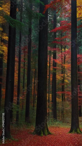 Autumn forest with tall trees standing.