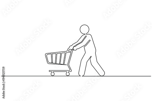 Continuous one line art of a man running fast with a shopping cart for rush sale and discount concept