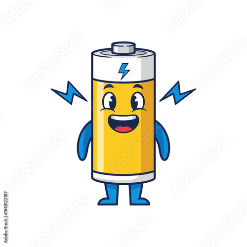 Cartoon Battery Character with Lightning Bolts.