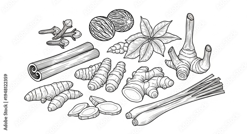 Obraz premium Assortment of Aromatic Spices - Cinnamon, Nutmeg, Star Anise, Ginger, Turmeric, Lemongrass.