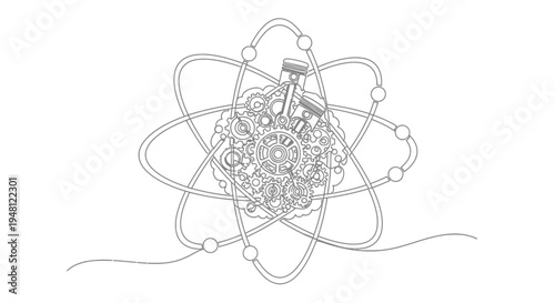 Abstract Atom Symbol with Gears and Engine Parts, Science and Technology Concept