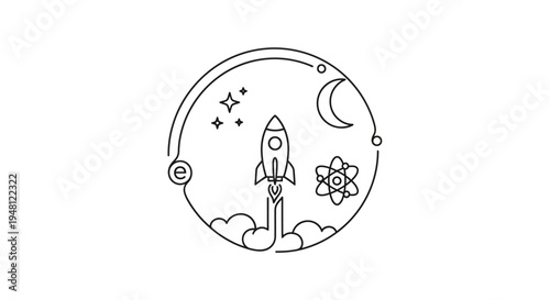 Rocket Launching into Space, Stars, Moon, Atom Symbol, Science, Technology