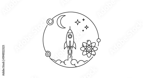 Rocket Launching into Space with Moon, Stars, and Atom Symbol