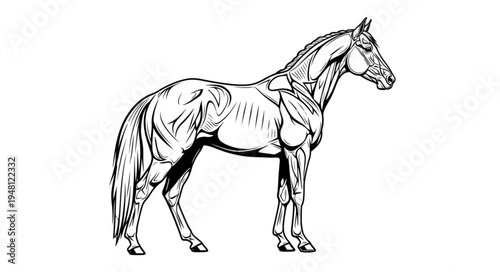 Detailed Anatomical Illustration of a Horse Showing Muscle Structure.