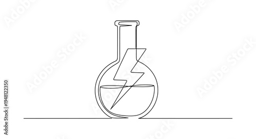 Continuous Line Art of Flask with Lightning Bolt, Energy Concept