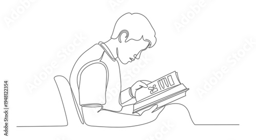 Minimalist continuous line drawing of a boy reading a book, education concept