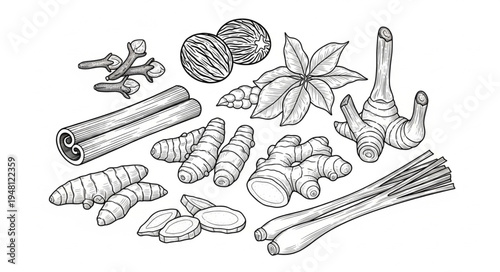 Assortment of Aromatic Spices - Cinnamon, Nutmeg, Star Anise, Ginger, Turmeric, Lemongrass.