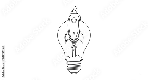 Rocket Launching From Light Bulb: Concept of Innovative Idea, Startup, and Creativity