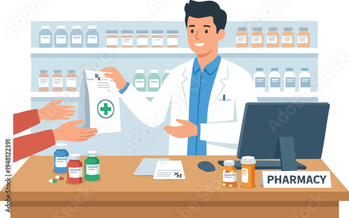 Male pharmacist handing prescription medication to a customer