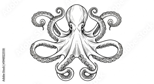 Detailed Octopus Illustration with Intricate Tentacle Design and Shading.