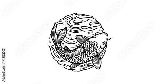 Elegant Koi Fish Illustration in Circular Water Design.