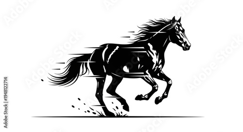 Dynamic Black and White Illustration of a Galloping Horse.