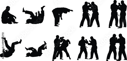 silhouette, martial, arts, fighters, training, combat, self, defense, grappling, sparring, karate, judo, taekwondo, kickboxing, fight, poses, action, sport, technique, practice