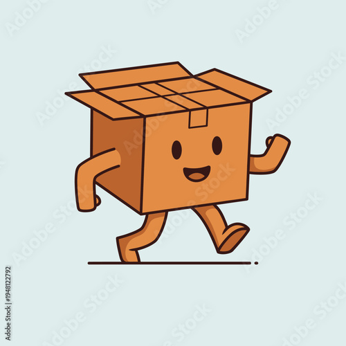 Cartoon Box Character Running with Joyful Expression.