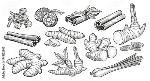 Hand-Drawn Assortment of Spices and Herbs for Culinary Use.