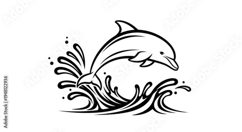 Dolphin Leaping from Ocean Waves - Black and White Illustration.