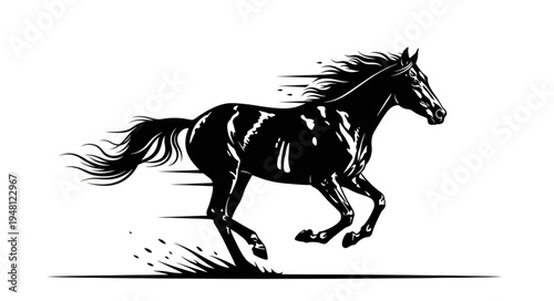 Dynamic Black Horse Galloping with Power and Grace in Monochrome.