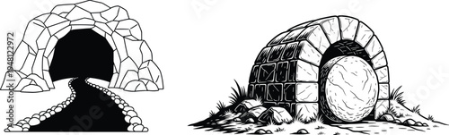 Ancient stone tunnel illustration, primitive cave entrance drawing, black and white architecture sketch, historic shelter artwork, medieval passage design, rustic archway