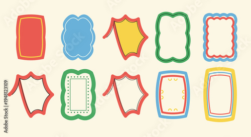 Colorful Set of Hand Drawn Playful Vector Frames and Comic Speech Bubble Borders with Vibrant Red Blue and Yellow Outlines