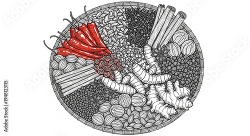 Detailed illustration of assorted vegetables and spices in a circular arrangement.