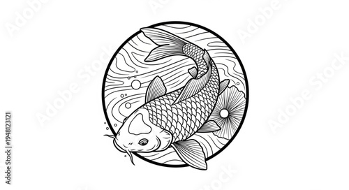 Detailed Koi Fish Illustration in Circular Water Frame.