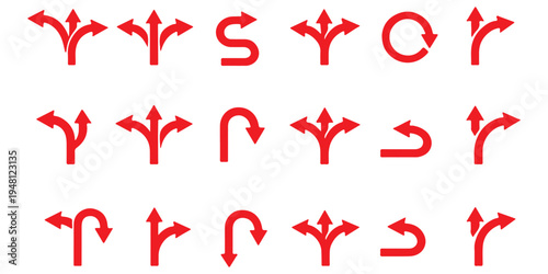 Road traffic direction arrows flat set. You-turn, left, right, two way, three way transportation direction arrow symbol. decision icon vector Trafic way icon