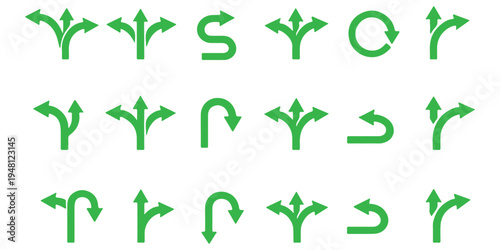 Road traffic direction arrows flat set. You-turn, left, right, two way, three way transportation direction arrow symbol. decision icon vector Trafic way icon