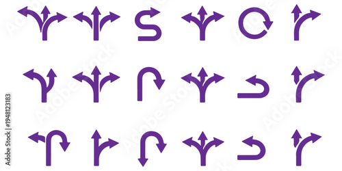 Road traffic direction arrows flat set. You-turn, left, right, two way, three way transportation direction arrow symbol. decision icon vector Trafic way icon