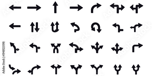 Road traffic direction arrows flat set. You-turn, left, right, two way, three way transportation direction arrow symbol. decision icon vector Trafic way icon