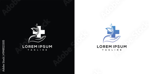 Medical Cross and Hand Logo Healthcare Wellness Pharmacy Care.